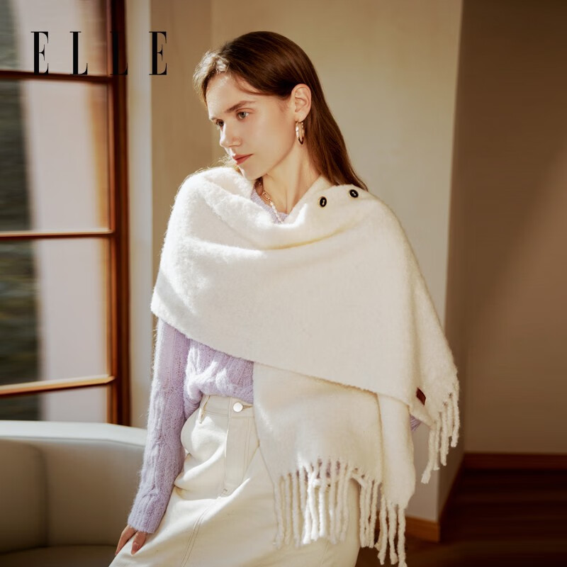 ELLEELLE 羊毛围巾女士秋冬保暖披肩两用斗篷空调房礼物 米杏色