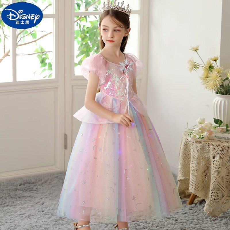 迪士尼（Disney）公主裙女童连衣裙新款夏装爱莎公主粉色七彩短袖儿童裙子生日礼服 粉色短袖单裙 110cm建议年龄4-5岁