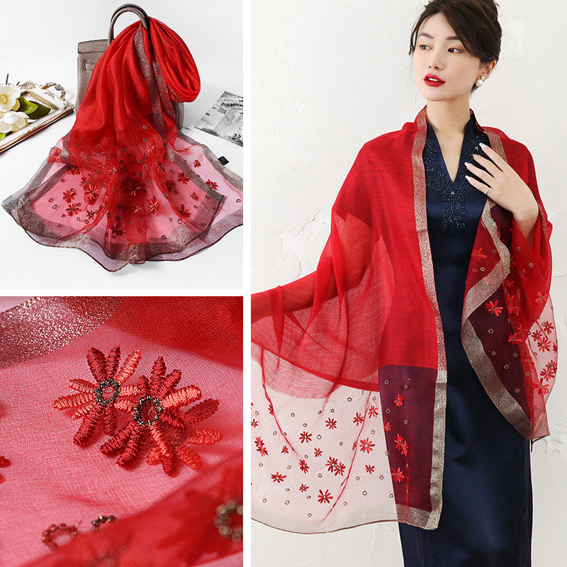 围巾母亲婚礼旗袍披肩外搭本命年丝巾年会围巾 花开漫天绣花系列-大红