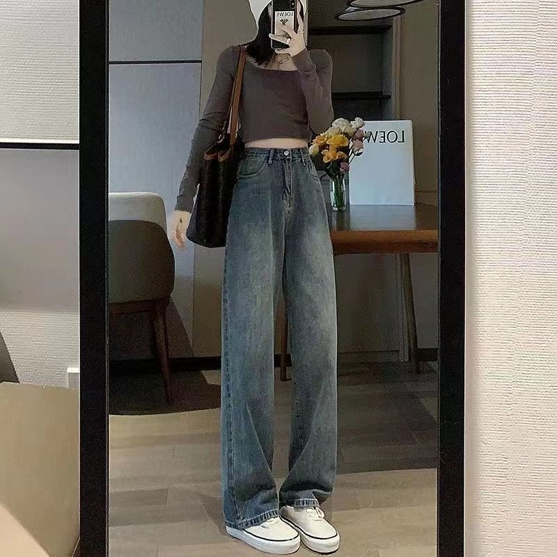 ujxw苹果型身材胖妹妹穿搭复蓝2024牛仔裤女收腰直筒裤大码牛仔阔腿裤