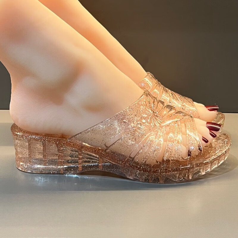 蕾菡芮2024新款时尚闪粉水晶鞋女坡跟鞋果冻鞋软胶外穿洋气百搭增高鞋