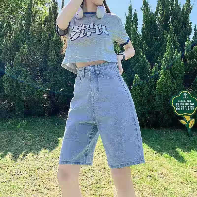 中凡智五分裤女潮ins夏季学生小个子显高穿搭街头个性直筒阔腿牛仔