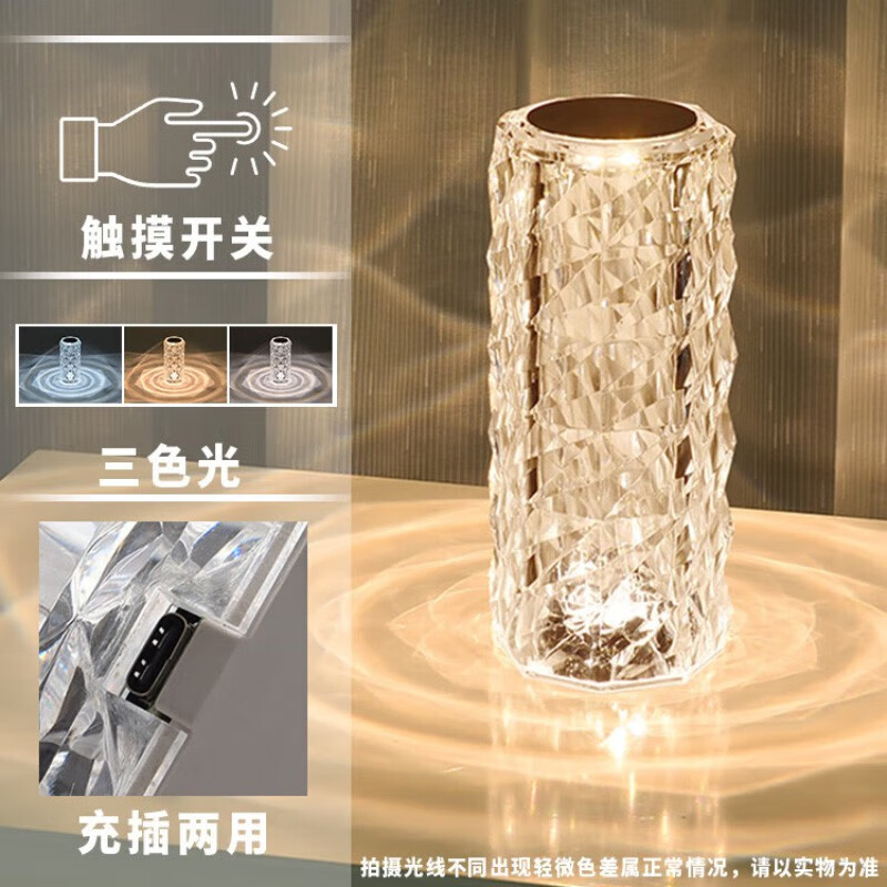 珍净缘 ins风网红情调水晶浪漫玫瑰花氛围台灯充电卧室睡眠床头小夜灯具 充插两用三色光触摸开关