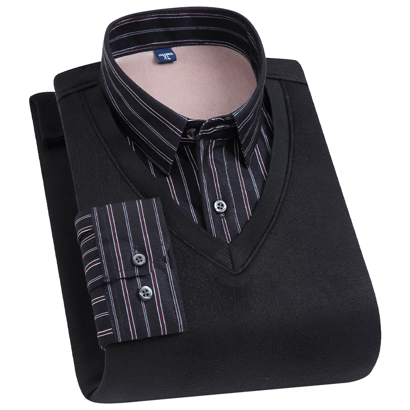 罗蒙圆领条纹针织衫男士秋冬款中青年加绒加厚打底保暖毛线衣内搭男 灰色 S 165(建议95-110斤)