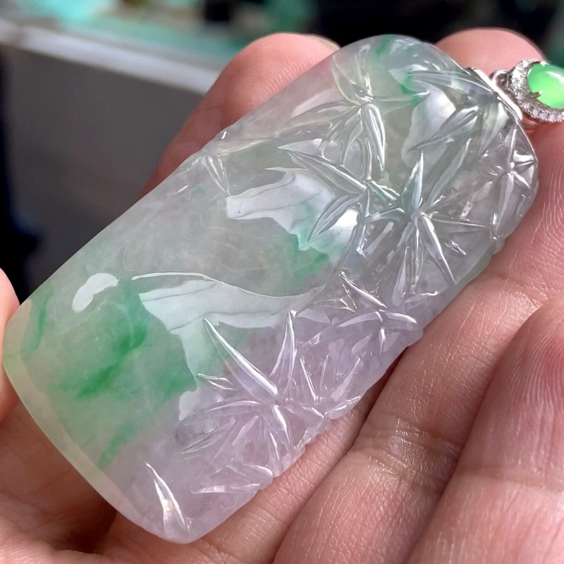 艺品匪萃 新竹绕凤池 冰紫阳绿春彩竹节竹子竹节牌节节高a货翡翠挂件