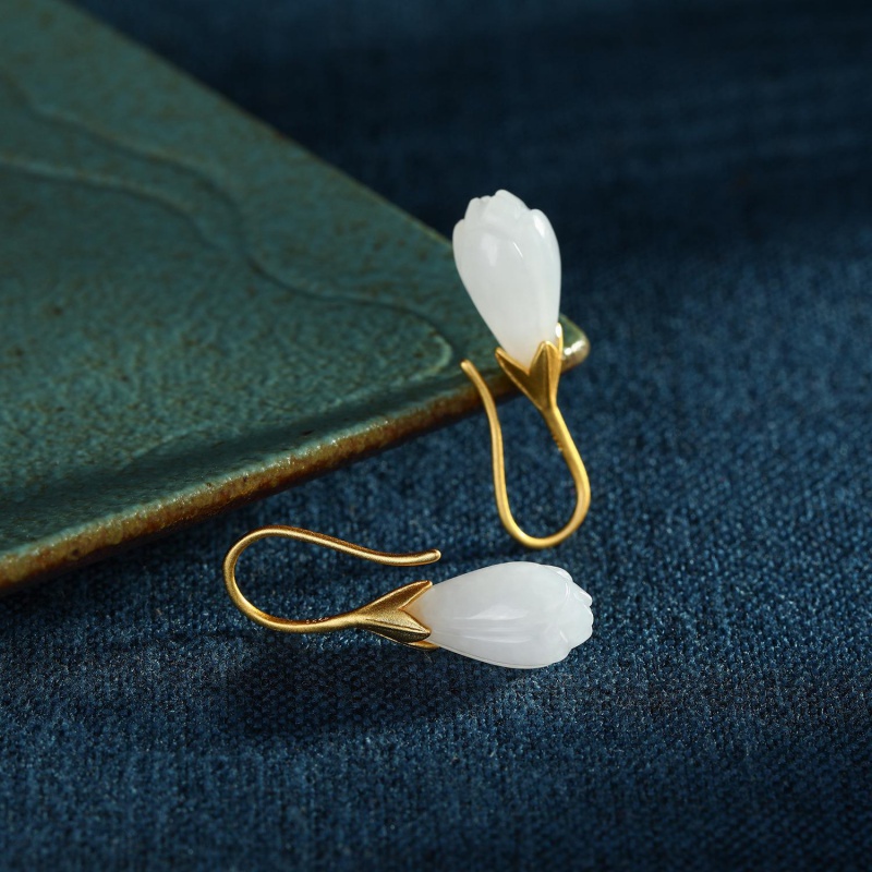 龙姑娘 仿和田白玉耳坠玉兰花耳环复古气质修饰脸女 镀金金玉兰耳环