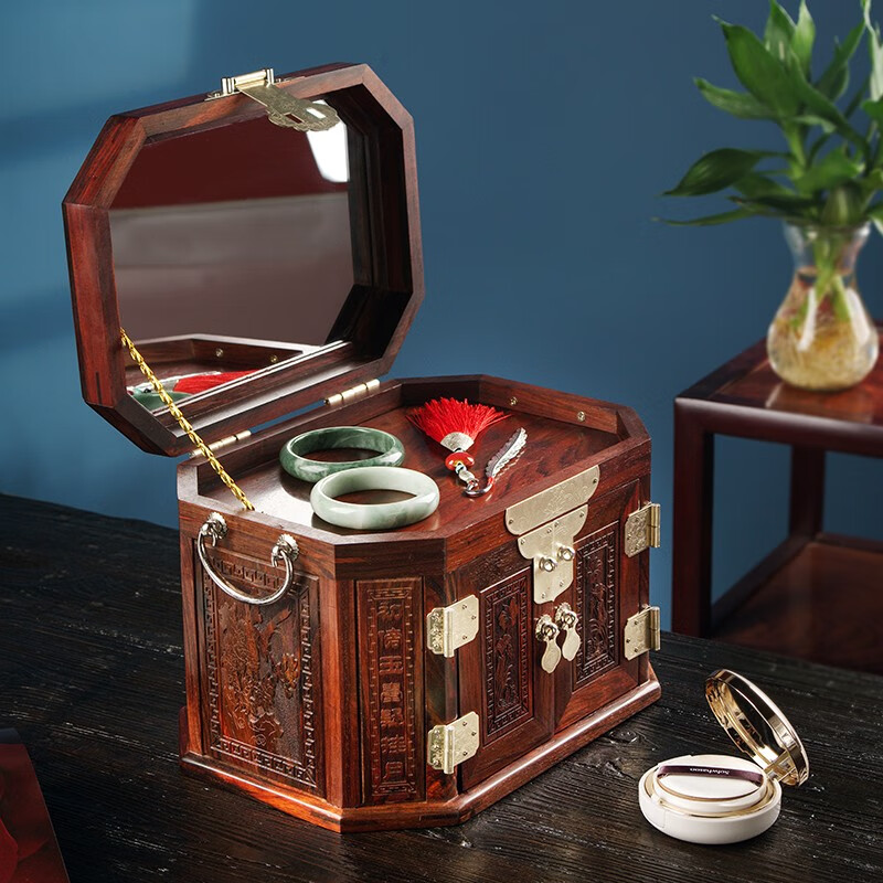 玺臻木大红酸枝木实木首饰盒中式首饰收纳盒带锁珠宝盒子婚嫁箱结婚