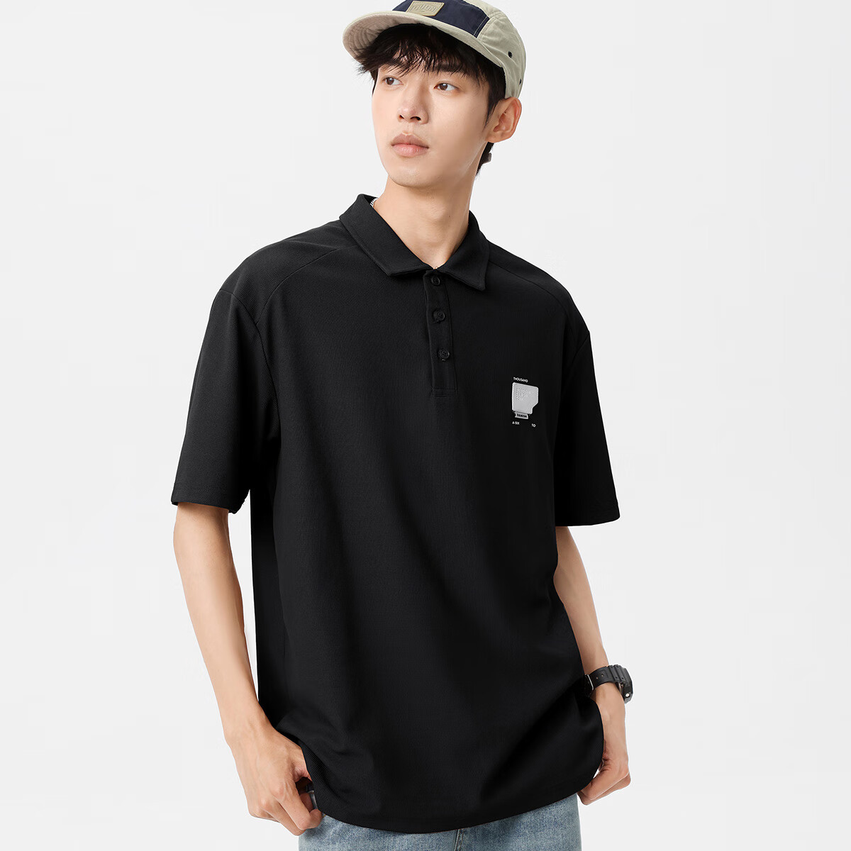 布衣传说 220g双纱华夫格 夏季纯色polo衫男短袖宽松半袖打底衫 米杏a XL