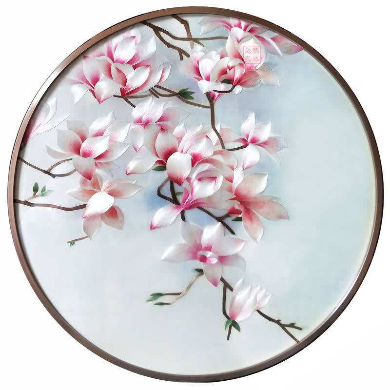 唯慕家居 客厅装饰画苏绣成品挂画圆形玉兰花鸟苏州手工真丝刺绣玄关
