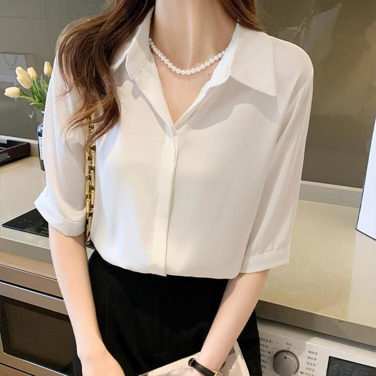 准俊女衬衫高档高端大气春秋款夏季短袖套头白色衬衫女雪纺宽松高档职