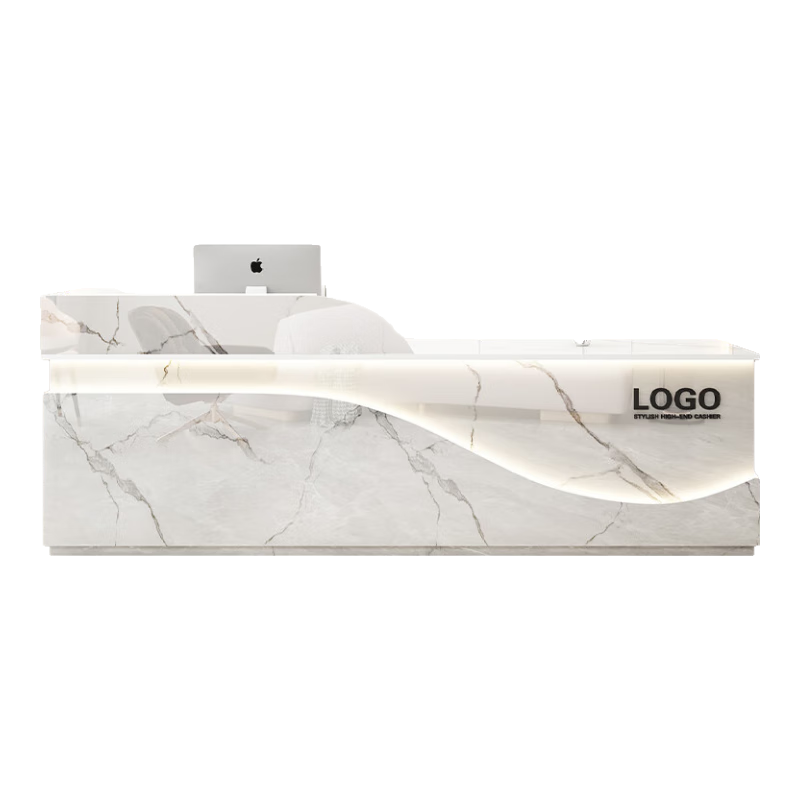 音雅(YINYA)辦公前臺接待桌烤漆咨詢柜臺簡約現(xiàn)代美容店鋪小型收銀臺 全白石紋(右高)送氛圍燈 220x60x100cm