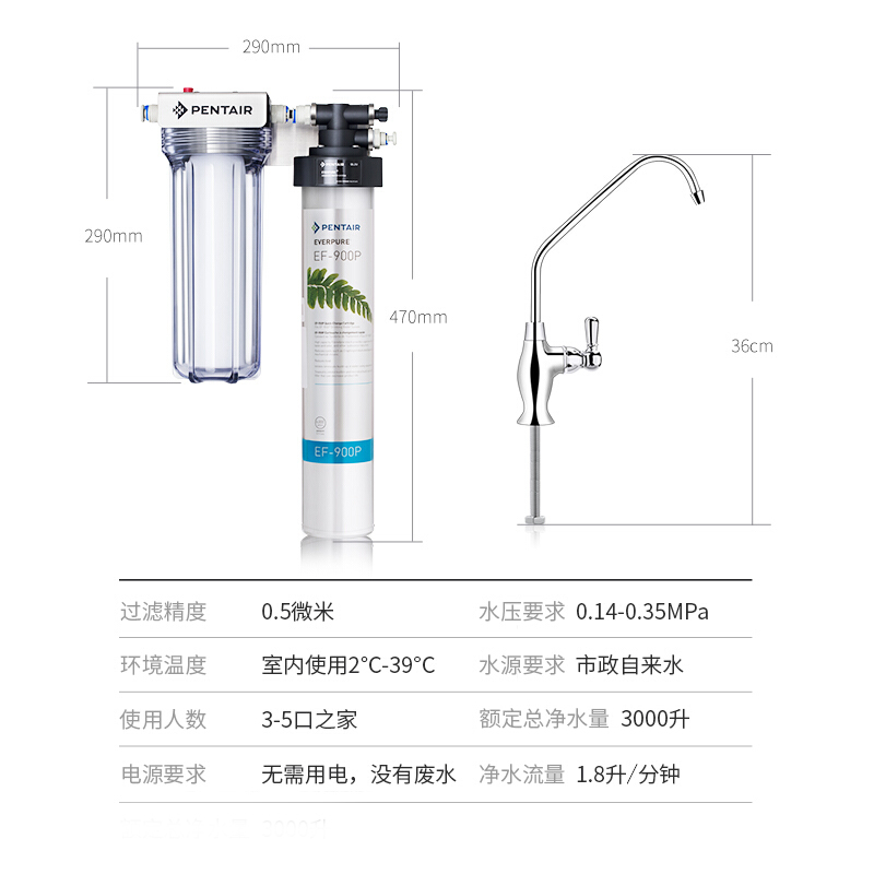 爱惠浦（Everpure） 净水器家用 大流量0废水 3000L通量净水机 EF-900P升级版