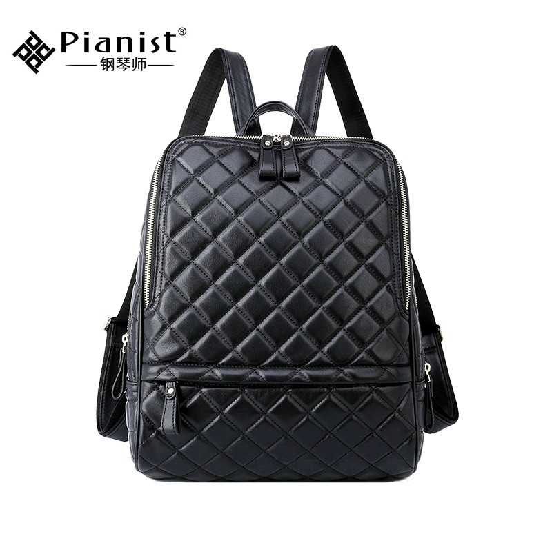 钢琴师真皮双肩包女新款大容量纳帕头层牛皮通勤时尚菱格14吋电脑背包