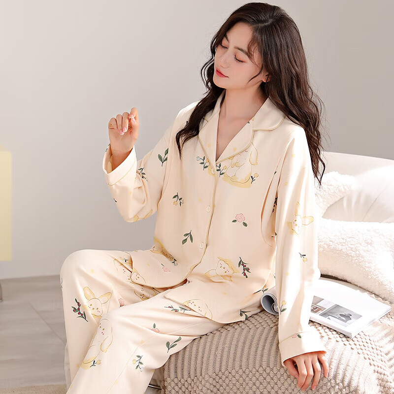 婧麒（JOYNCLEON）月子服春秋新款怀孕期产后大码睡衣套装女休闲时尚家居服 白色小花Jyz116166 XL码
