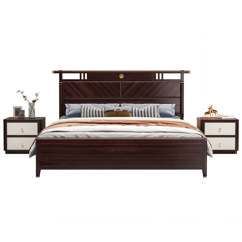 景腾 床 新中式金丝檀木实木床1.8米主卧双人床现代简约1米5高箱储物床大床卧室家具 实木床 1.5米*2米标准款
