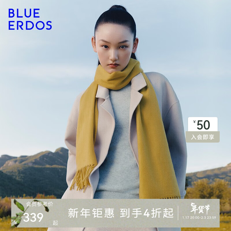 BLUE ERDOS鄂尔多斯100%山羊绒围巾披肩纯色简约百搭时尚礼物保暖流苏设计 竹叶黄 180cmX30cm