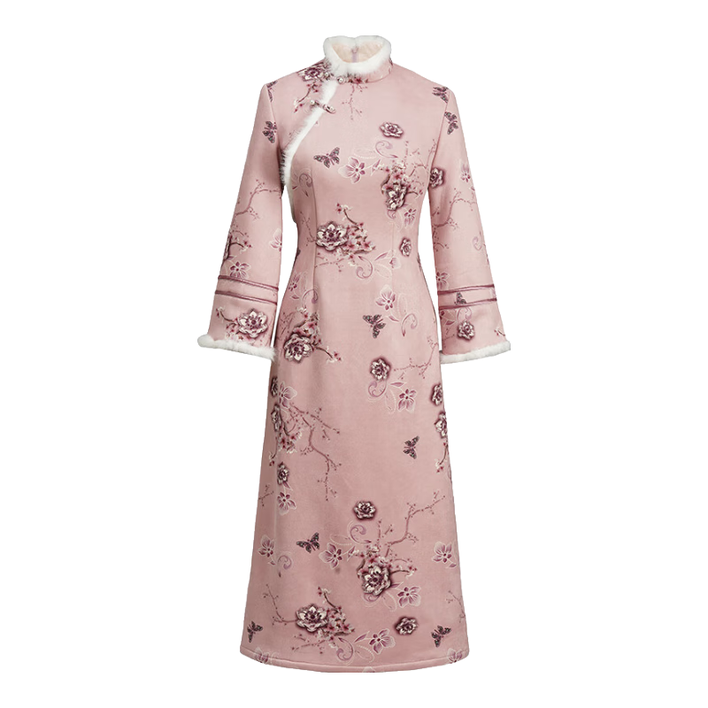 秀觀唐晶蝶2025冬装新款水貂毛领新中式改良复古麂皮绒旗袍连衣裙 粉色 2XL