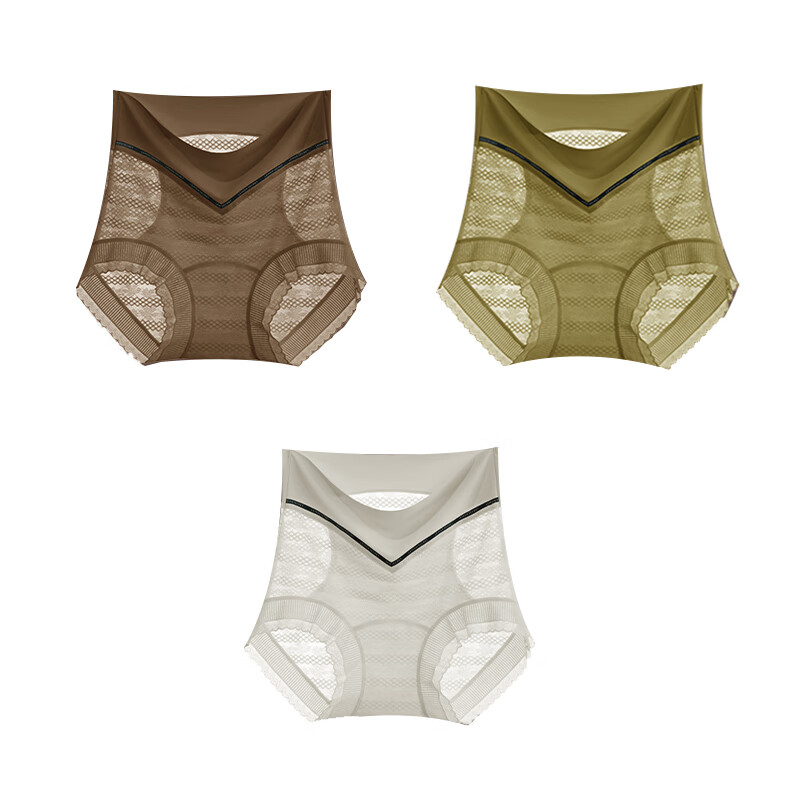 UFEEL软蕾丝内裤女士秋冬新款高腰收腹包臀内裤三角短裤2505短裤收腹裤 【焦糖+绿+白】 M 80-100
