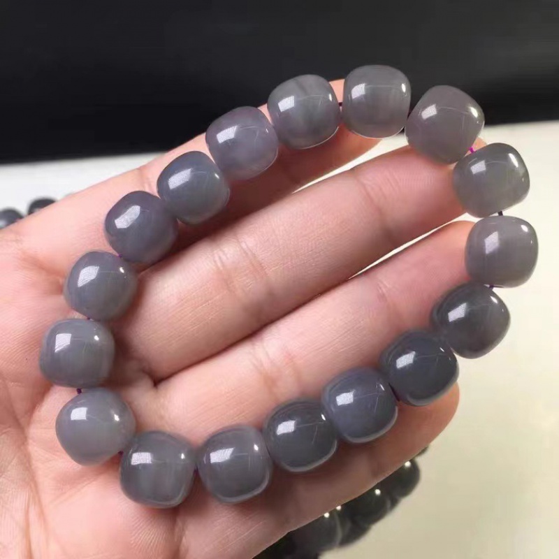 和田玉手串 青海料和田玉烟青玉手链女男款 老型珠烟青紫手串 烟紫玉