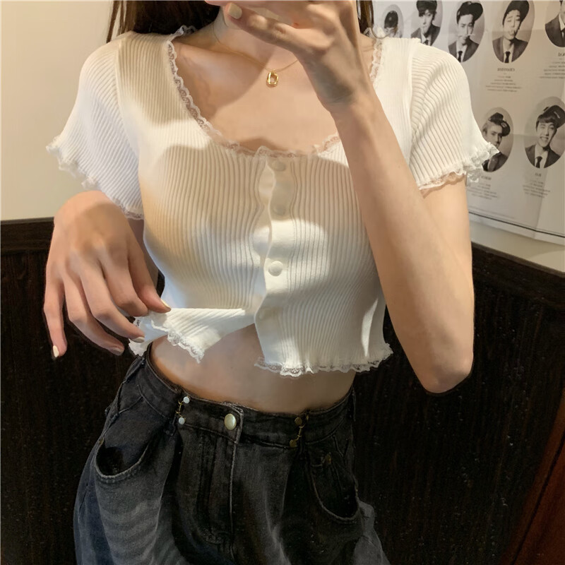 搭配牛仔裤的上衣女短袖配阔腿裤工装裤法式针织打底衫蕾丝边 白色 s