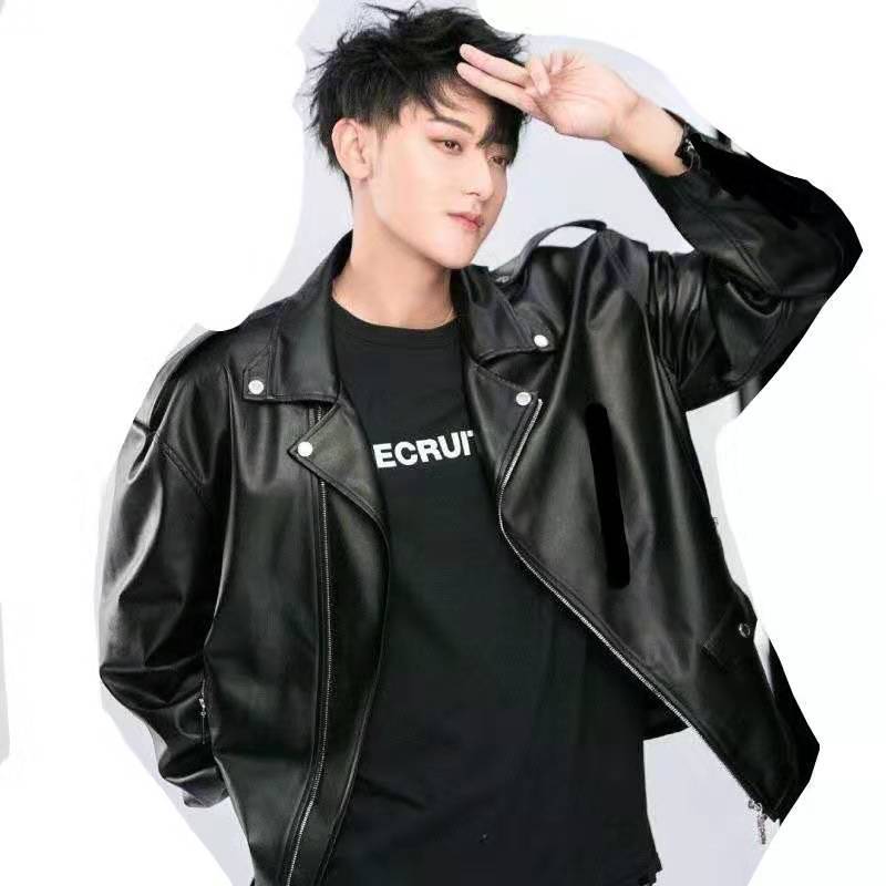 凡摩乔黄子韬同款外套男气质机车皮衣加绒加大码潮流港风青年帅气皮