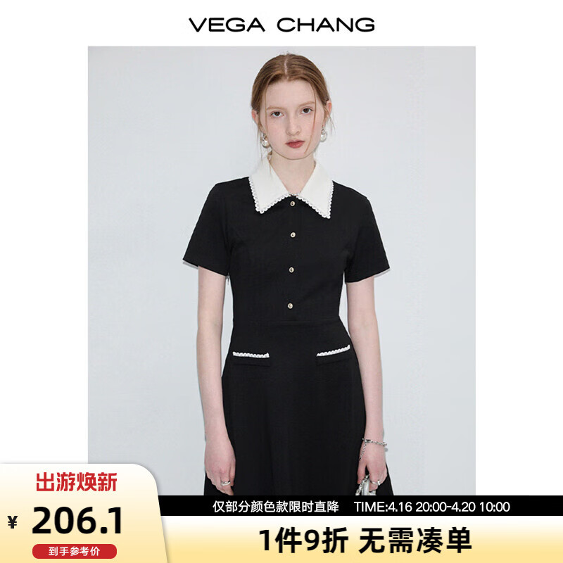 VEGA CHANG连衣裙女2024年夏季新款设计感缕空钩花POLO领衬衫短裙 通勤黑 M