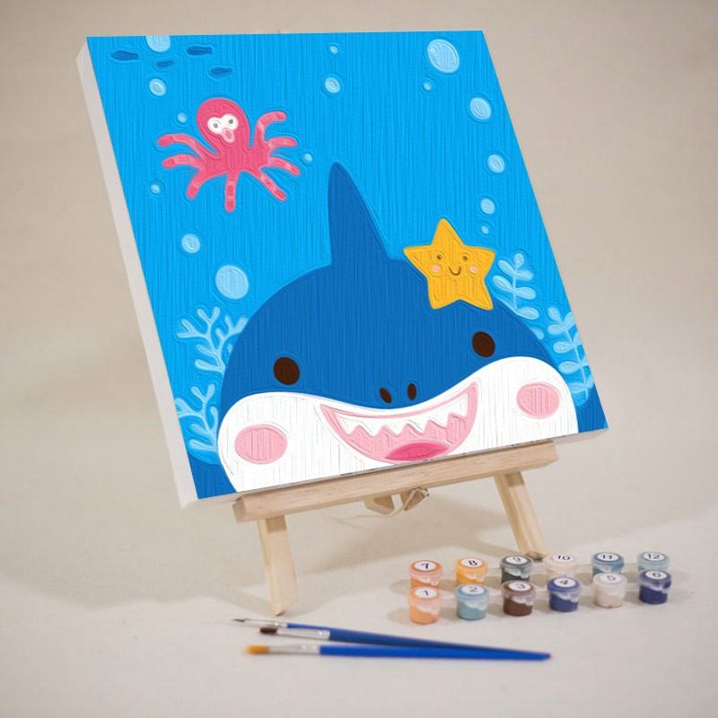 新款初学者自己填色数字油画diy儿童房客厅卧室装饰卡通小画 小鲨鱼