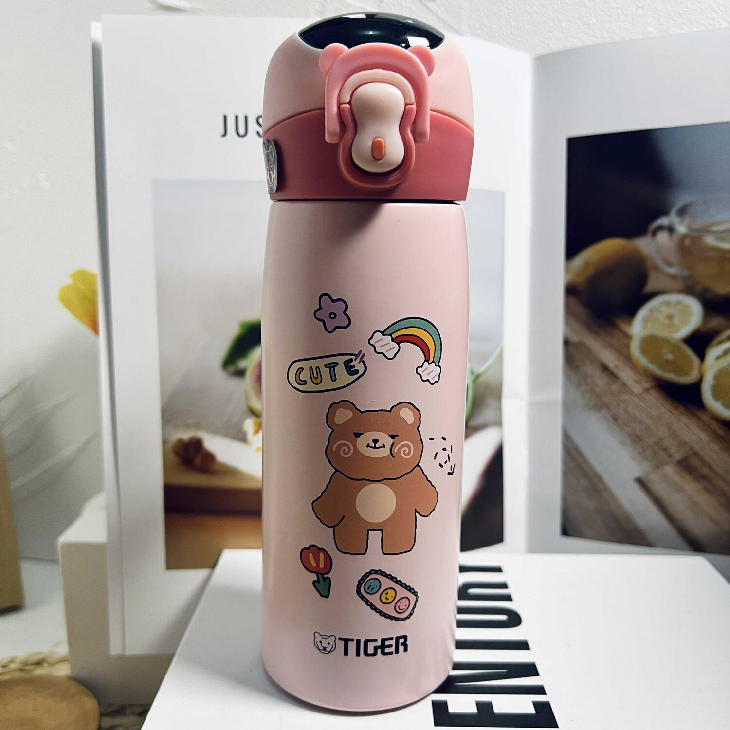 虎牌香港直郵智能溫顯保溫杯吸管杯便攜可愛(ài)彈跳蓋卡通水杯 彩虹熊-450ml