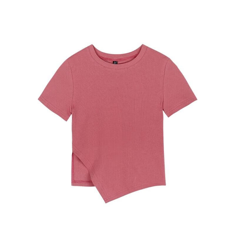 乐拓健夏装短袖t恤辣妹修身设计感小众不规则粉色短袖t恤女夏2024