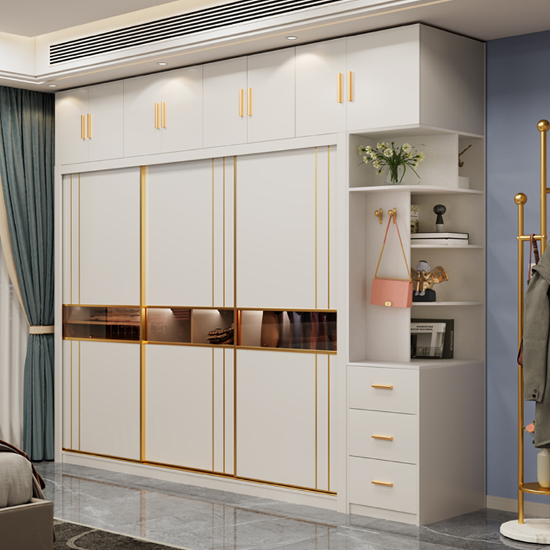 衣柜 轻奢多层实木板推拉门衣柜家用卧室小户型简约现代趟门衣橱 衣柜