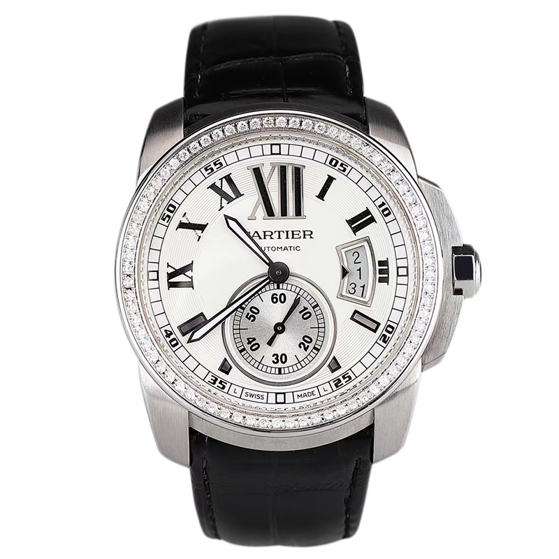 【二手95新】卡地亚卡利博精钢后镶钻自动机械男表w7100037后镶钻二手