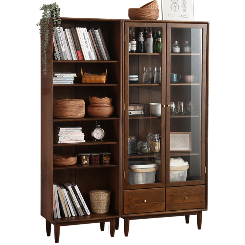 素杉德国进口实木书架整面墙落地格子柜日式组合柜客厅置物柜展示柜 0.8*1.8米胡桃色