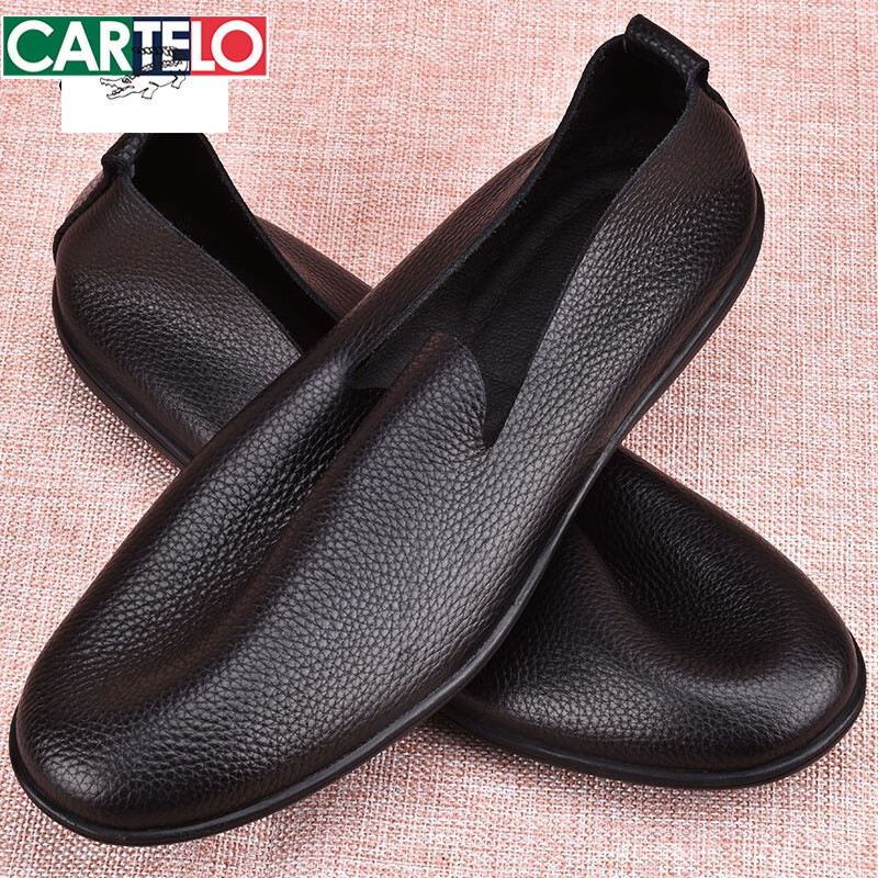 卡帝乐鳄鱼（CARTELO）真皮单层皮鞋男夏季透气轻便懒人鞋软面皮休闲百搭圆头套脚豆豆鞋 黑色 39 标准码