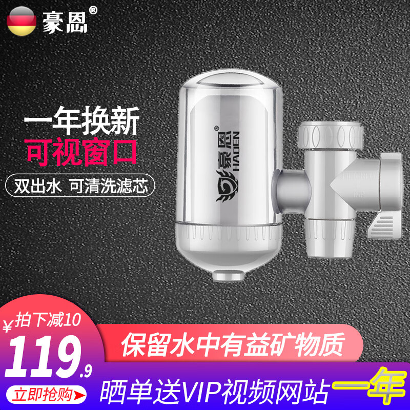 豪恩 净水器水龙头过滤器净水机家用厨房小型简易迷你自来水滤水器 1机1芯（透明视屏、双出水）