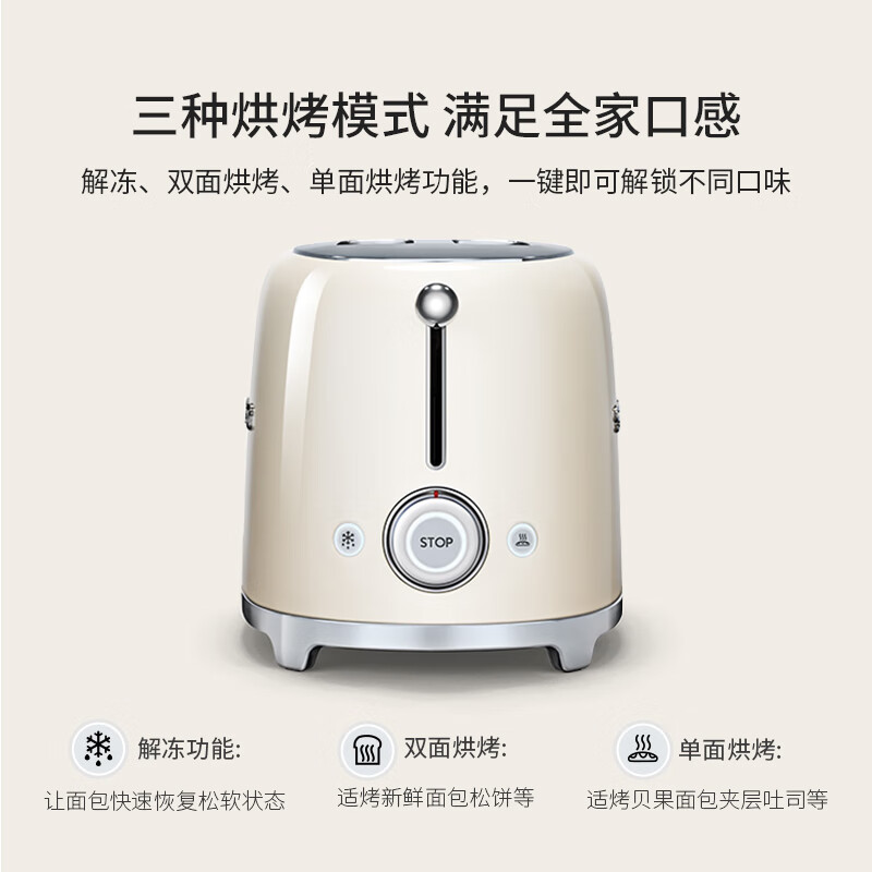 SMEG斯麦格  面包机营养早餐 家用多功能多士炉 厨房复古 烤三明治烘焙面包片吐司机 TSF01 生日礼物 奶白色