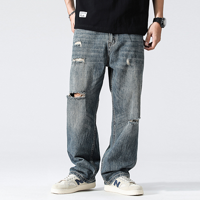 沐秋男装 春夏牛仔裤男宽松直筒破洞日系复古蓝休闲裤子男士潮牌哈伦