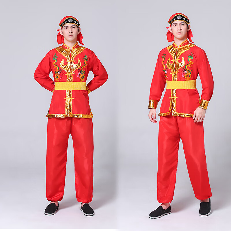 服装舞龙舞狮轿夫民族秧歌婚庆表演舞蹈男 红色【上衣裤子头巾腰带】