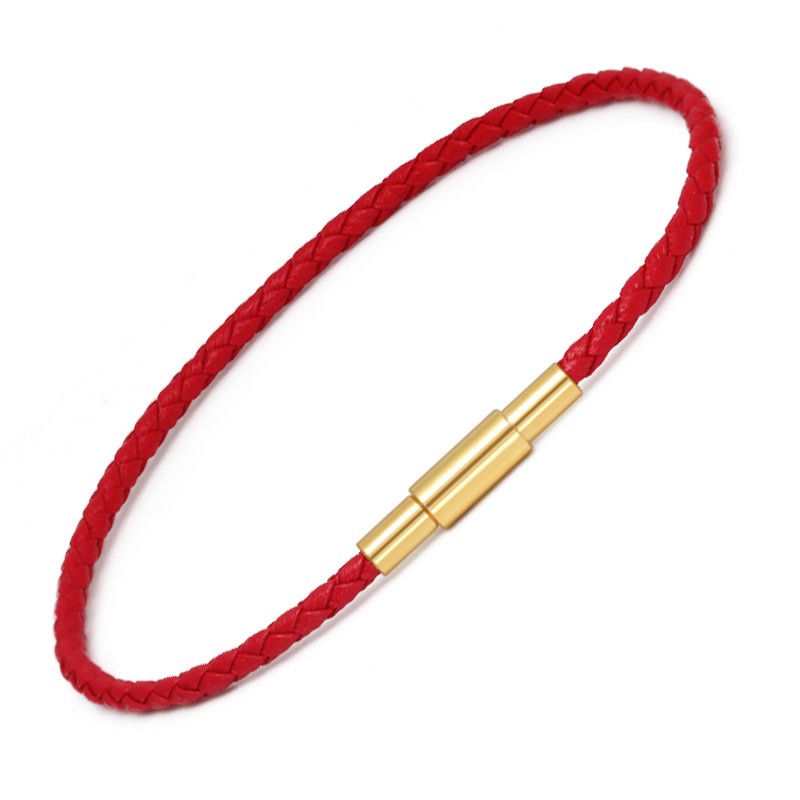 蕭柏米恩編織牛皮手鏈繩可穿串珠配繩手繩轉運珠皮繩手鏈男女本命年紅繩粗 2.0紅色17cm(含扣頭)