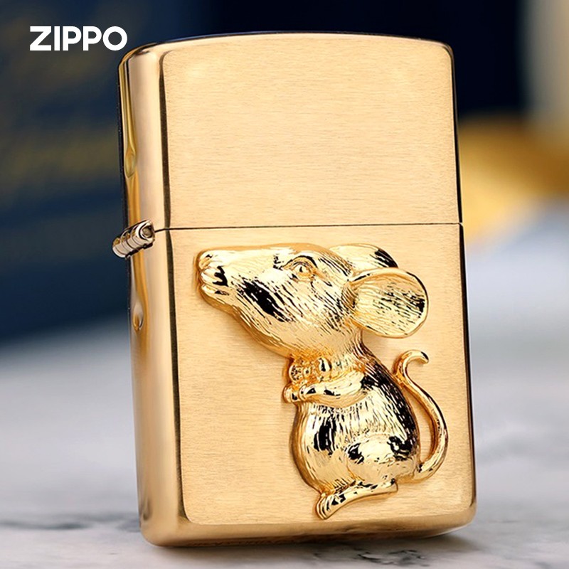 zippo煤油打火机芝宝美国原装 金色贴章立体生肖鼠 金鼠报喜个性穿