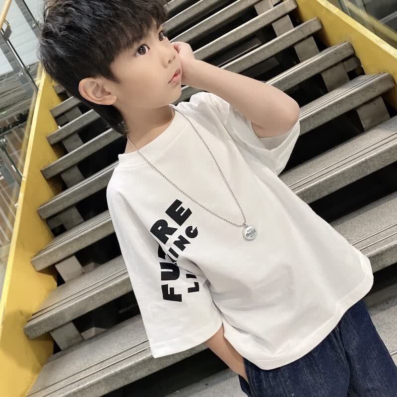 晴其小孩衣服 男9-10岁夏季短袖男童夏装港风落肩短袖t恤2024男孩帅气