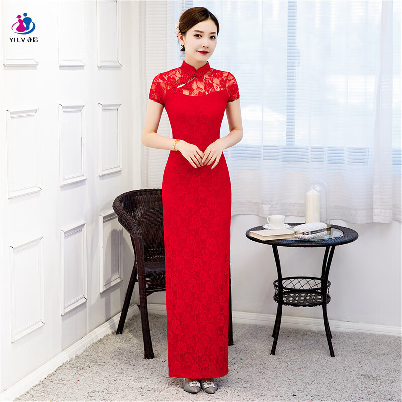 语禾恬礼仪小姐礼服迎宾旗袍蕾丝长款2019复古改良舞台演出服年会