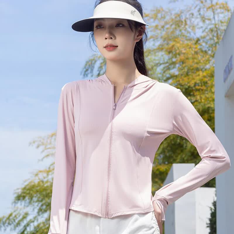 美奈貂冰丝修身防晒衣女款夏季薄款透气防晒服紧身外套 粉红色 L码【适合110-150斤】