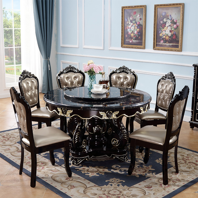 斐德森 欧式餐桌 美式轻奢圆桌 大理石餐桌椅组合 实木圆形带转盘饭桌 古典餐厅家具 一桌4椅-标准款椅（默认香槟色） 1.3米-配人造大理石