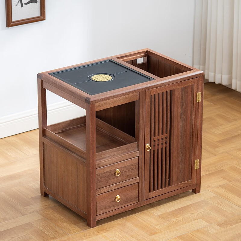 虞萌馨迪金丝柚木茶台天然乌金石茶水柜小茶桌家用小型边柜边几烧水