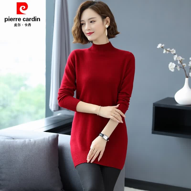 皮尔卡丹（pierre cardin）秋冬羊绒衫女100纯山羊绒中长款半高领针织衫保暖纯色打底衫毛衣 酒红 L高性价比高么？