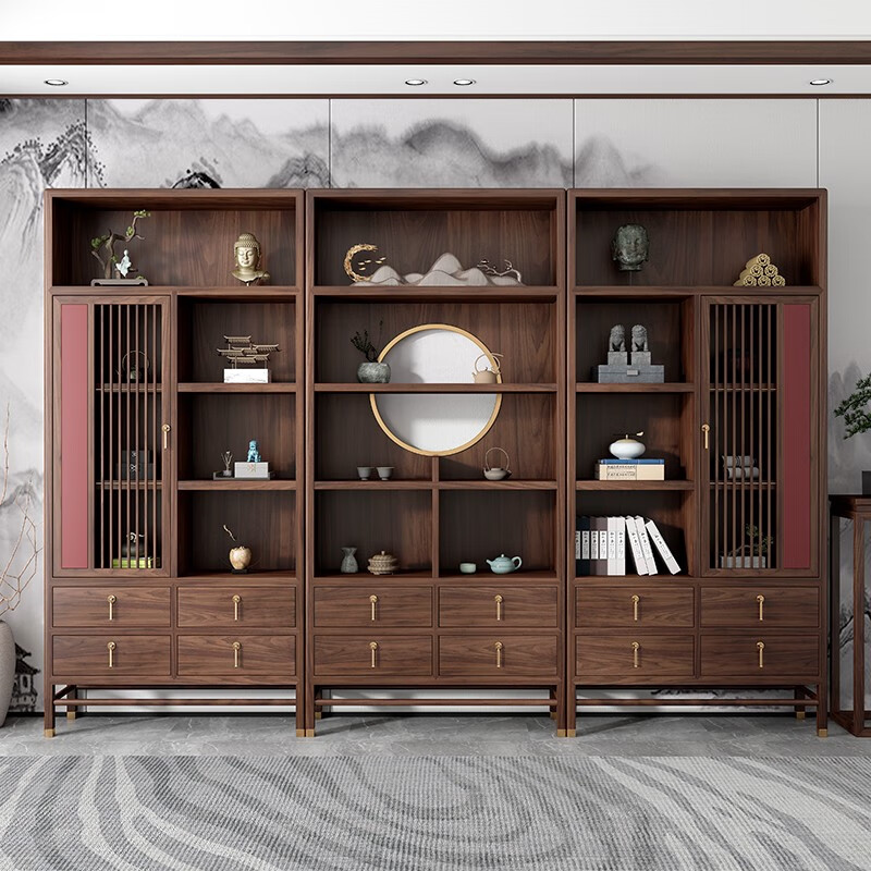 实木书柜组合黑胡桃木办公室书架陈列柜禅意茶室展示柜 轻奢款左边款