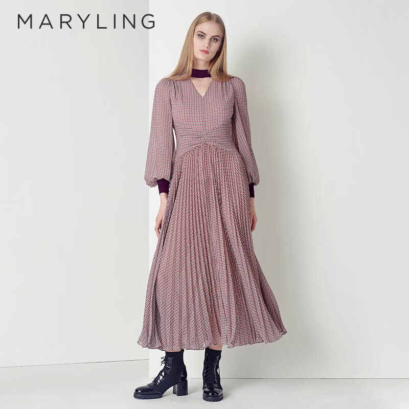 maryling玛俪琳2022秋季甜美粉色千鸟格v领百褶连衣裙a1cgw62900 粉色