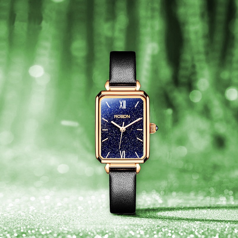 劳士顿(rosdn)女士手表小方表小绿表进口机芯啊玛呢石英表女璀璨星空