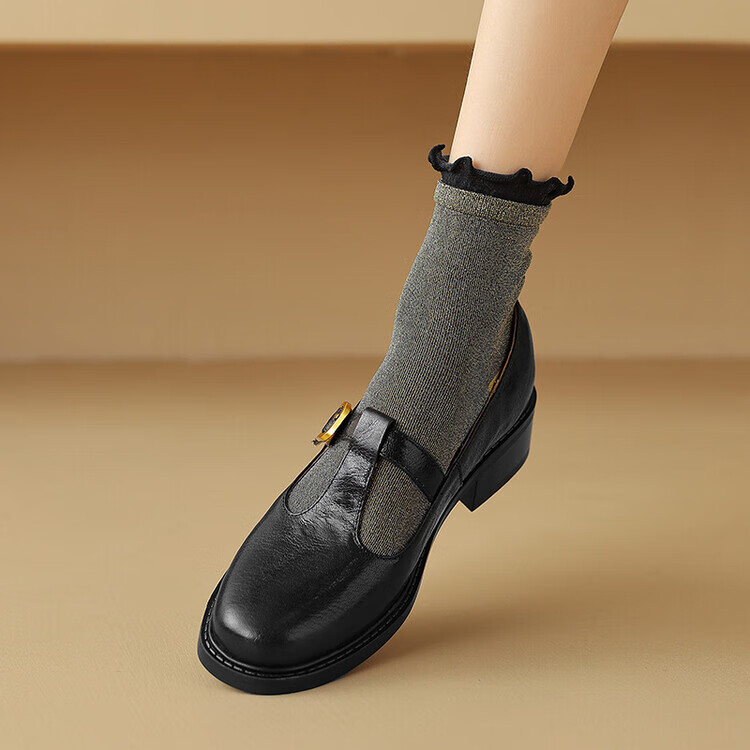 mk belle轻奢侈新品2024春夏季新款手抓纹真皮小皮鞋丁字扣带百搭鞋