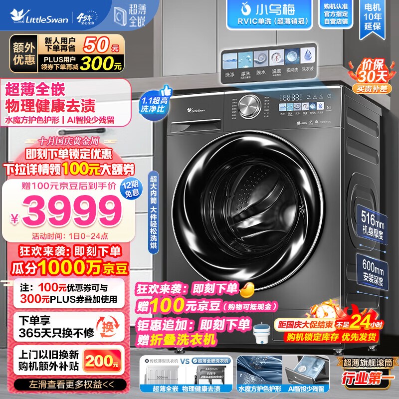 小天鹅（LittleSwan）滚筒洗衣机全自动 超薄全嵌-纤彩 小乌梅【TG100RVIC】1.1洗净比 超微净泡 大筒径10公斤怎么样,好用不?